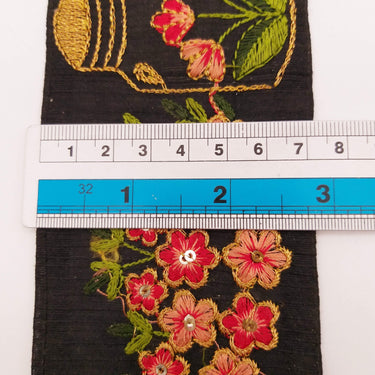 Black Art Silk Trim With Floral Embroidery & Sequins, Red, Green And Gold Flower Embroidered Trim